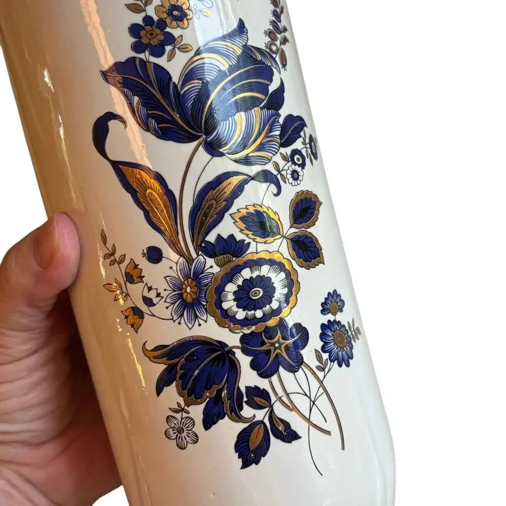 Vintage porcelain cylinder vase cobalt blue floral gold highlights hobbyist